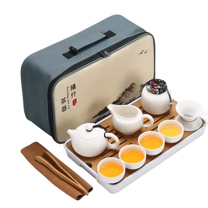 Portable Complete Set of Travel Tea Set a Pot Four Cups Tea Tray Tea Canister Business Gifts