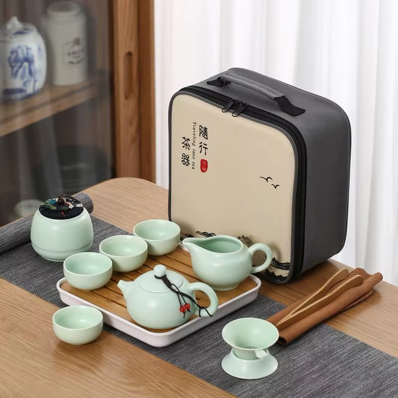 Portable Complete Set of Travel Tea Set a Pot Four Cups Tea Tray Tea Canister Business Gifts